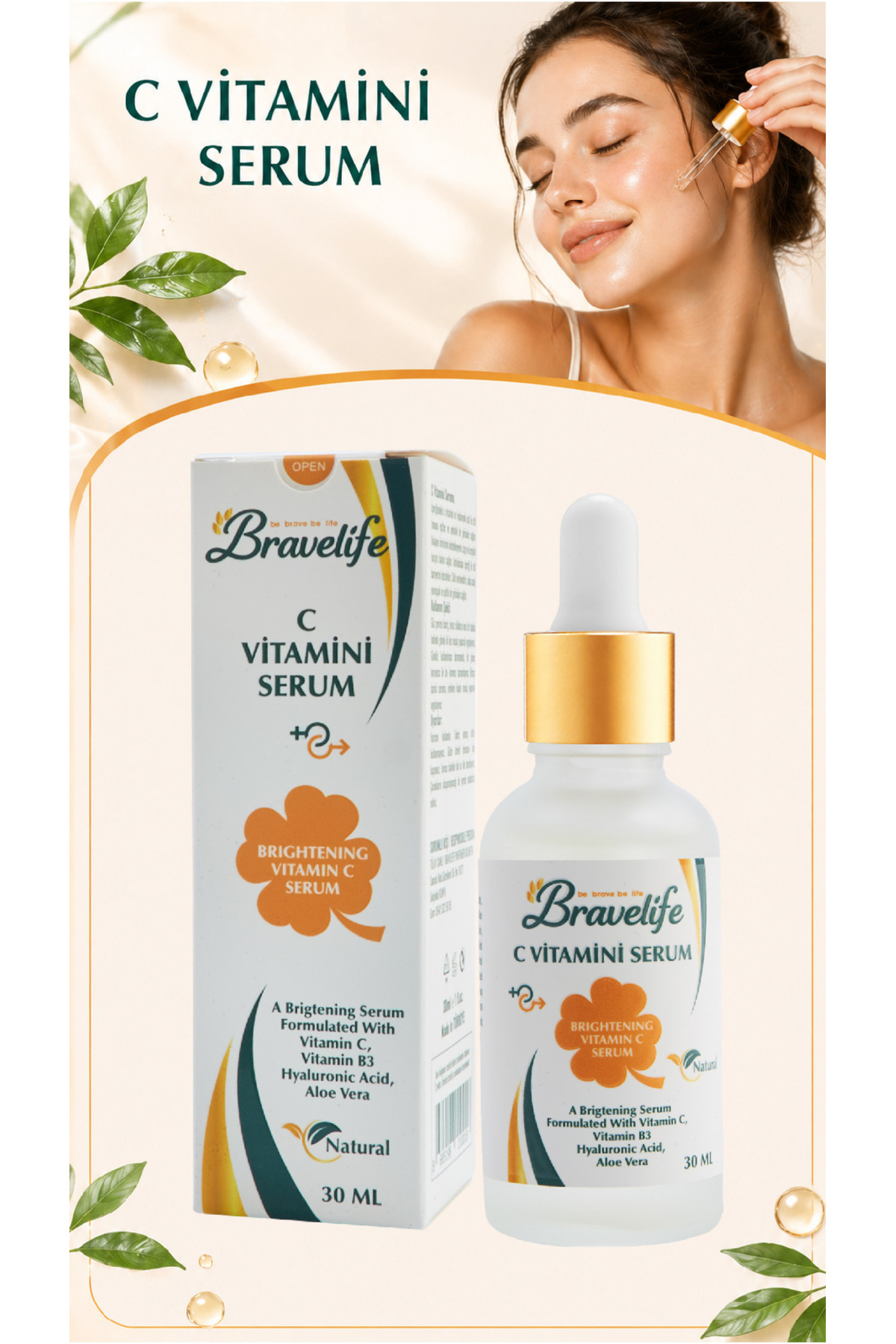 Bravelife Leke Karşıtı Gözenek Sıkılaştırıcı Aloe Vera Panthenol Vegan C vitamini Cilt Bakım Serumu 30 ML
