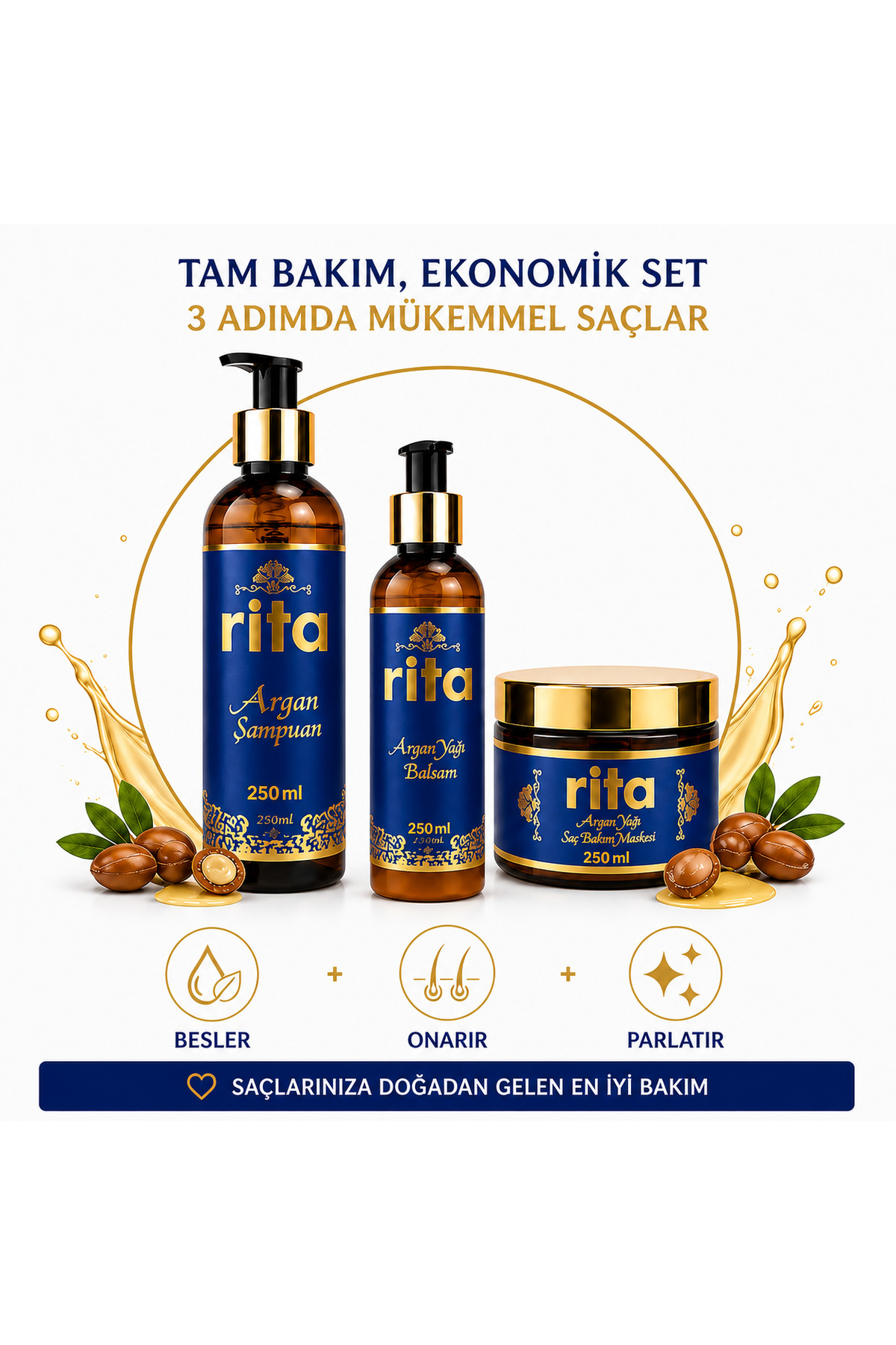 Rita Cosmeticlab Argan Yağlı Saç Bakım Seti – Şampuan + Balsam + Saç Maskesi 3’lü Bakım Serisi