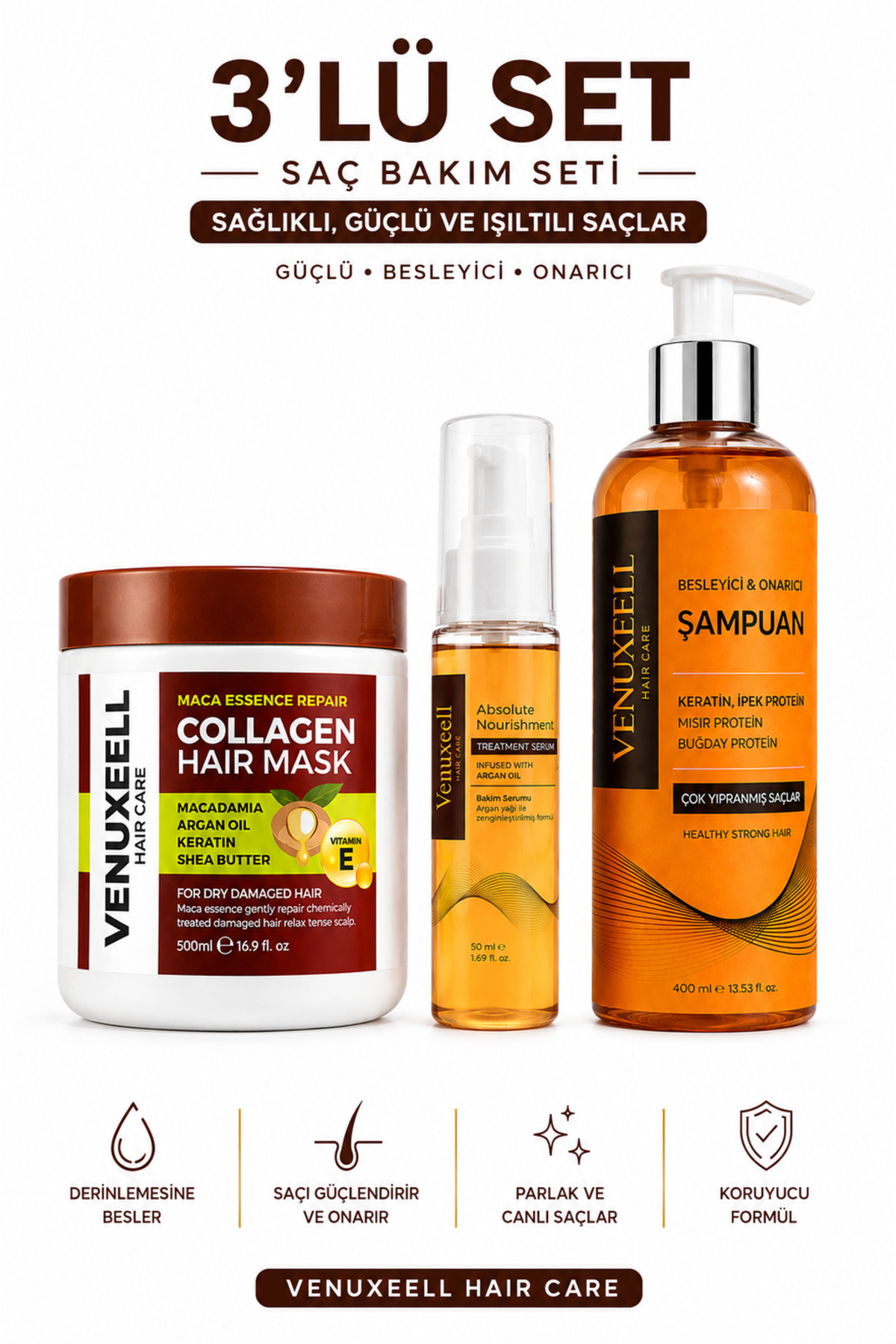 Venuxeell 3’lü Saç Bakım Seti Kolajen Saç Maskesi + Argan Yağlı Saç Serumu + Keratin Onarıcı Şampuan karsel