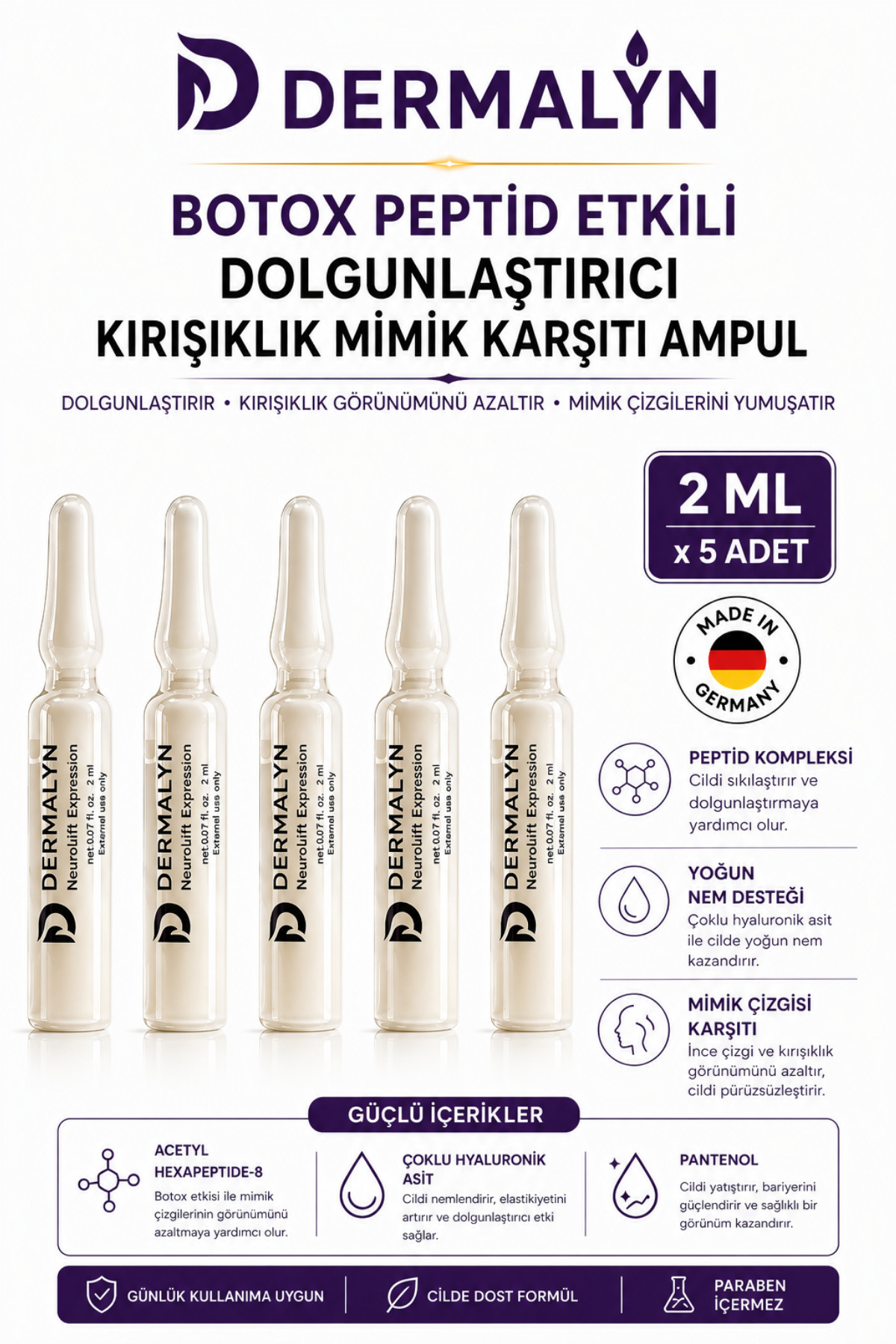 DERMALYN 5 Adet Botox Peptid Etkili Dolgunlaştırıcı Kırışıklık Mimik Karşıtı Ampul Serum Dermaroller Dermapen