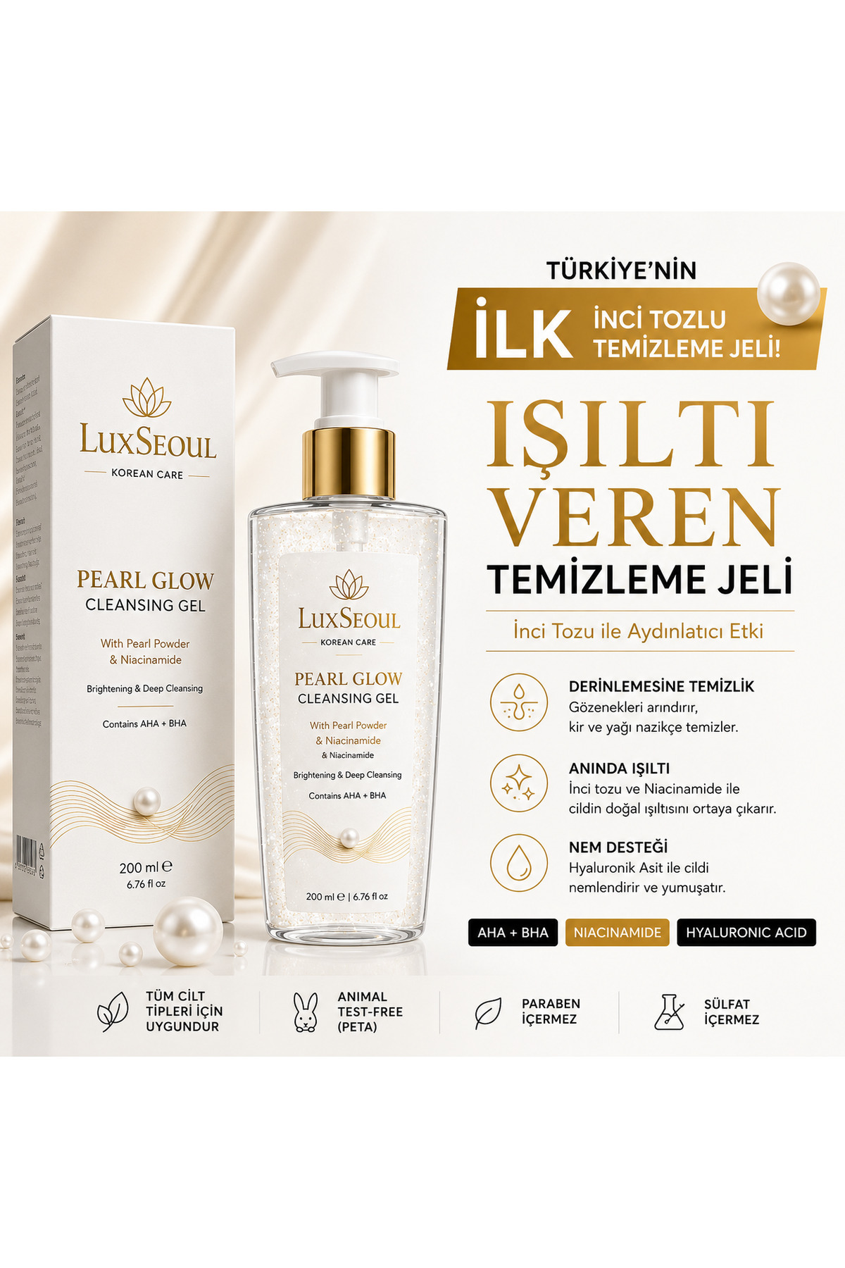 luxSEOUL Pearl Glow Yüz Temizleme Jeli 200 ml – İnci Tozu, Niacinamide, AHA+BHA – Aydınlatıcı ve Gözenek Arındırıcı