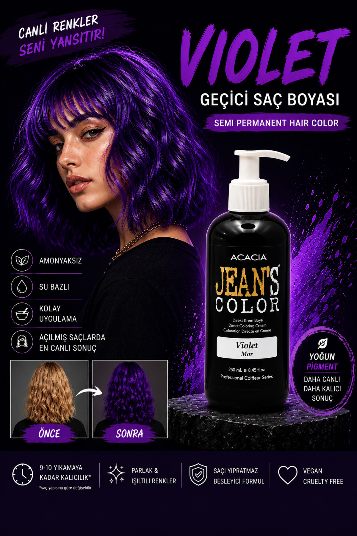 jeans color Amonyaksız Renkli Saç Boyası Mor 250ml. Kokusuz Su bazlı Violet Hair Dye