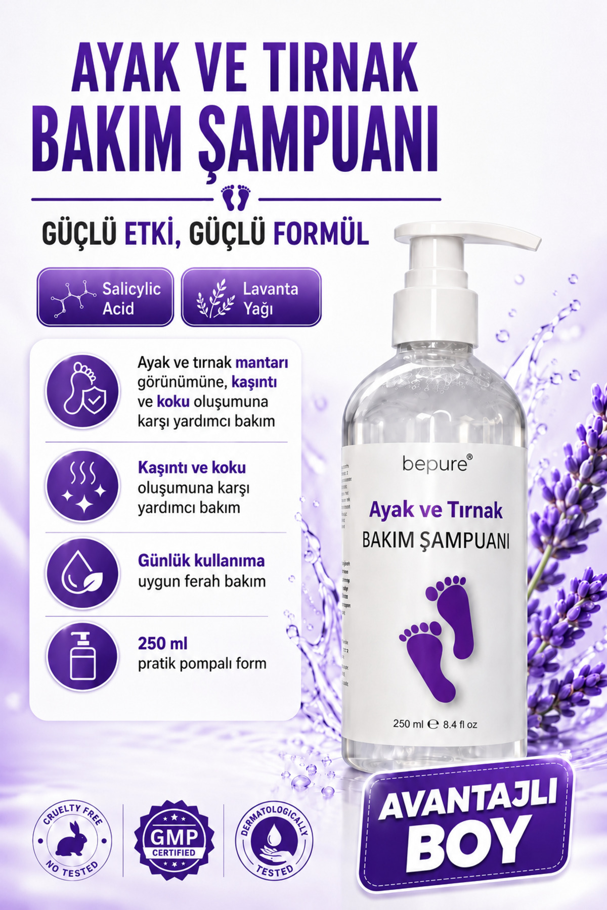 Bepure Ayak Ve Tırnak Mantar, Kasıntı ve Koku İçin Ayak Bakım Şampuanı 250 ml