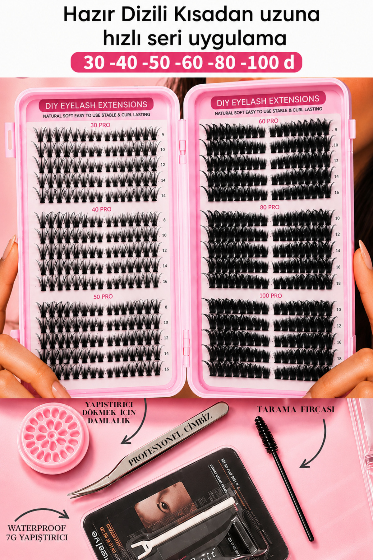 alaraycosmetics Takma Kirpik Seti D Curl Lifting Etkili- Extra yumuşak -Batma Yapmaz/Yapıştırıcı, Cımbız Ve Kirpik Fırçasıyla/ 640 Demet/ 8mm-16mm Mix Uzunluk Kutu