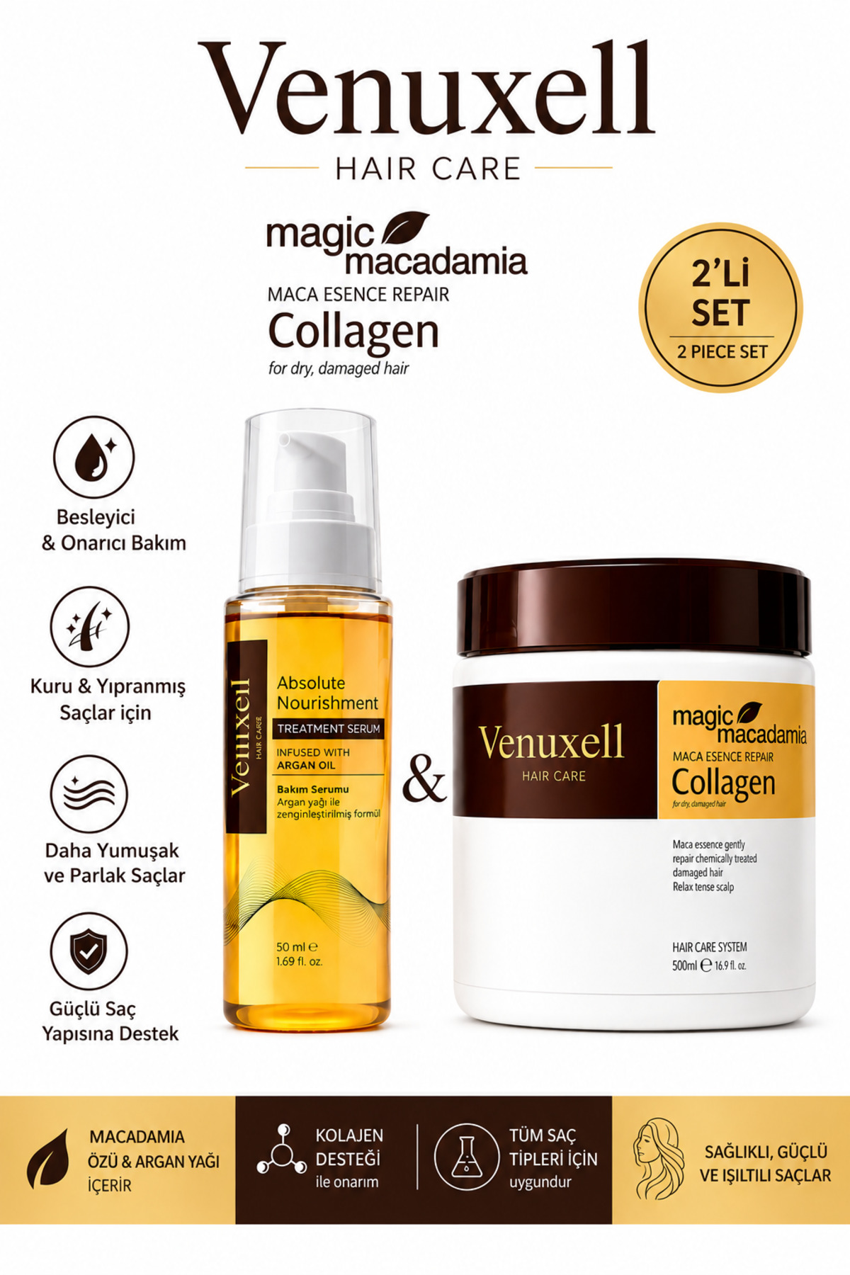 Venuxeell Maca Özü ile Güçlendirilmiş Onarıcı Saç Bakım Seti | Maske 500 ml + Bakım Yağı