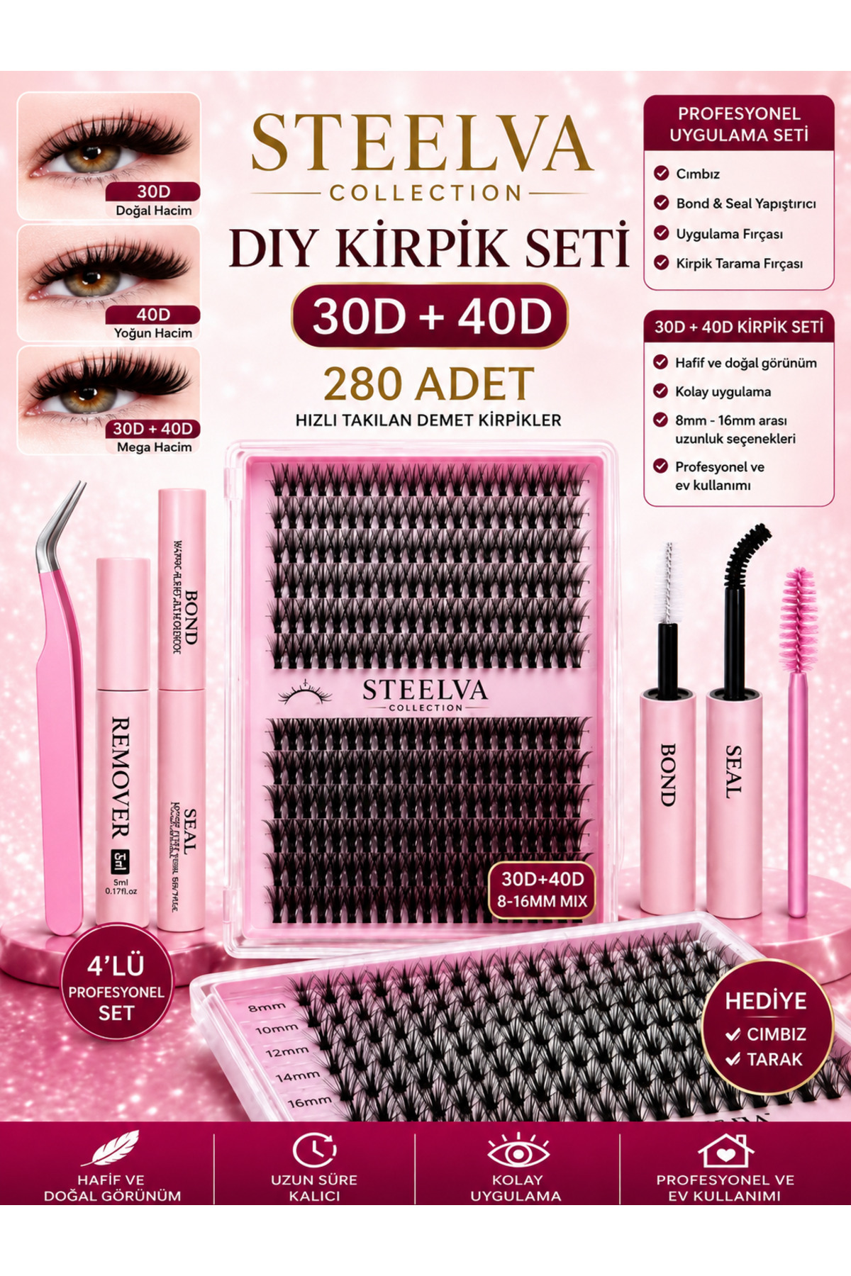 STEELVA Takma Kirpik Seti 280'li Yapistirici Sabitleyici Çikarici Remover + Cımbız+ Tarama Firçasi 30D-40D