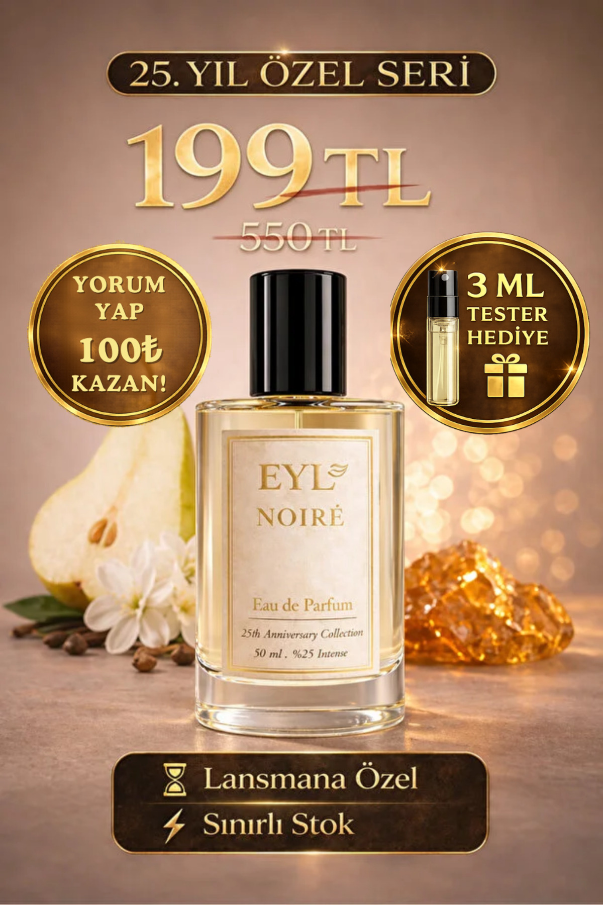 EYL COSMETIC NOIRE %25 Esans EDP 50 ml Kadın Parfüm Kalıcı Amber Çiçeksi Yoğun Gece Kokusu