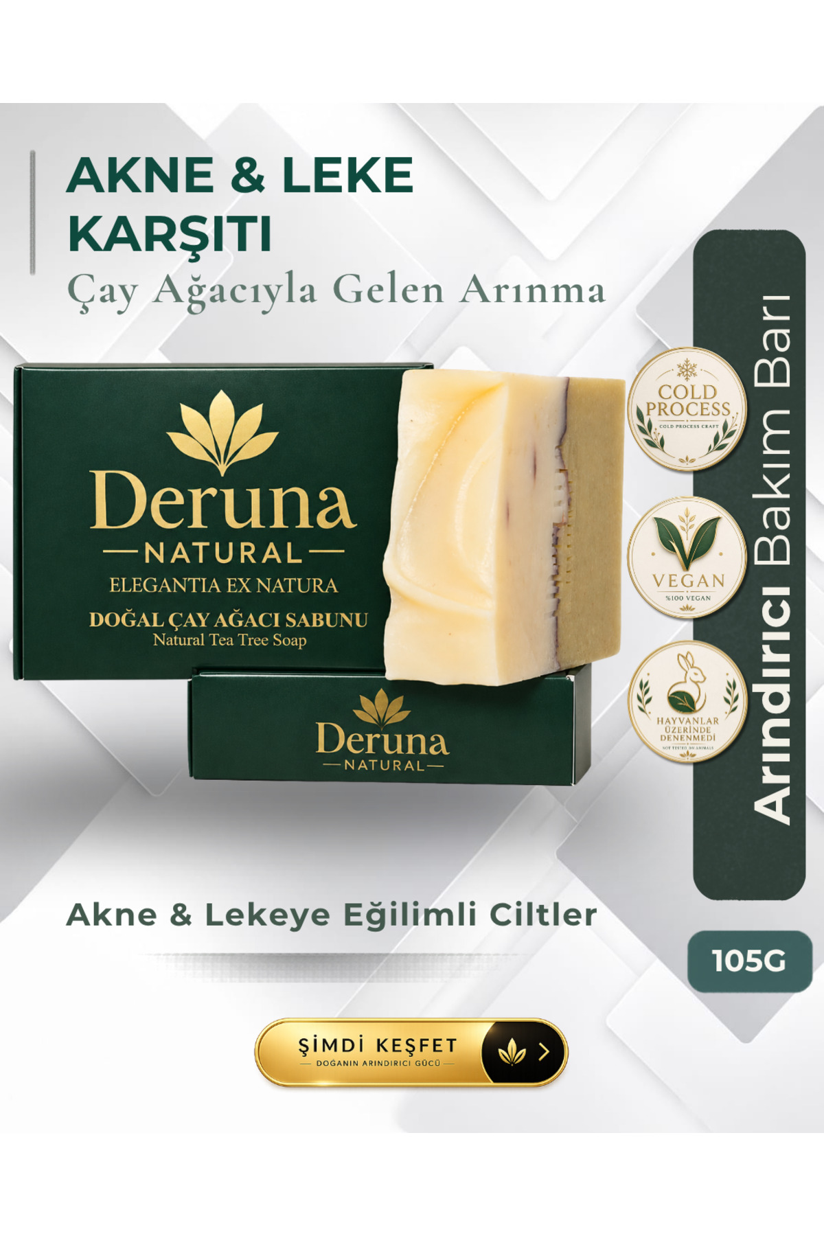 DERUNA NATURAL Çay Ağacı Sabunu | Akne & Leke Karşıtı Arındırıcı Bakım | +5 Doğal Yağlı Formül | 105g.