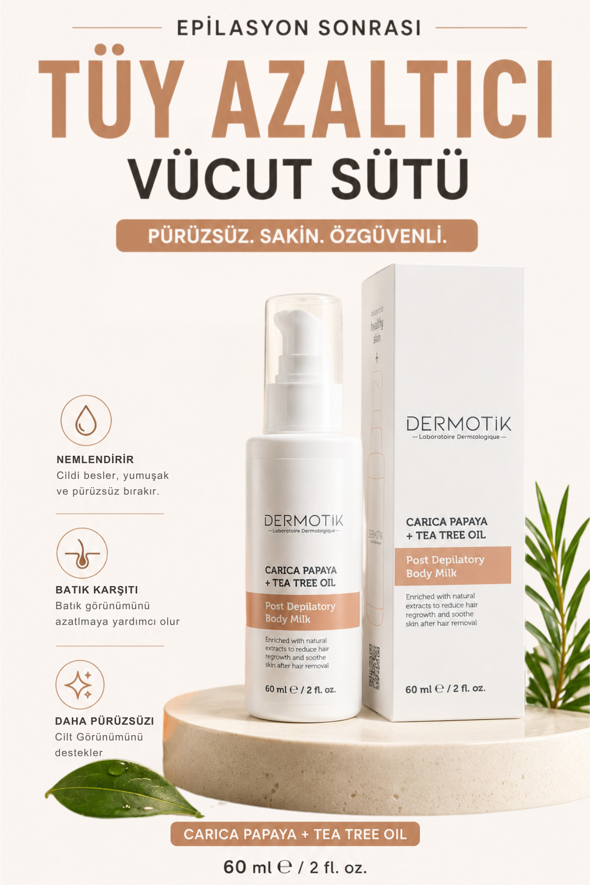 Dermotik Epilasyon Sonrası Tüy Azaltıcı & Nemlendirici Vücut Sütü Batık Onarıcı Carica Papaya + Tea Tree Yağı