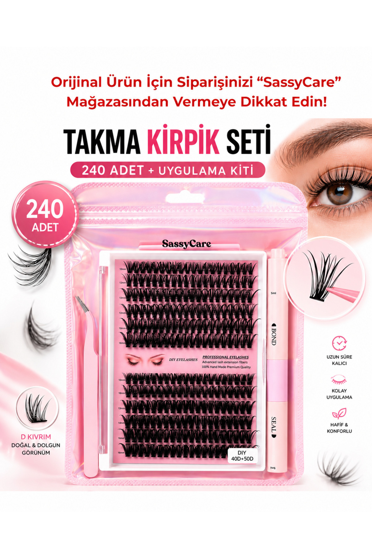 SassyCare 240’lı Takma Kirpik Seti – Yapıştırıcı, Sabitleyici, Cımbız ve Kirpik Fırçası Dahil Profesyonel Set