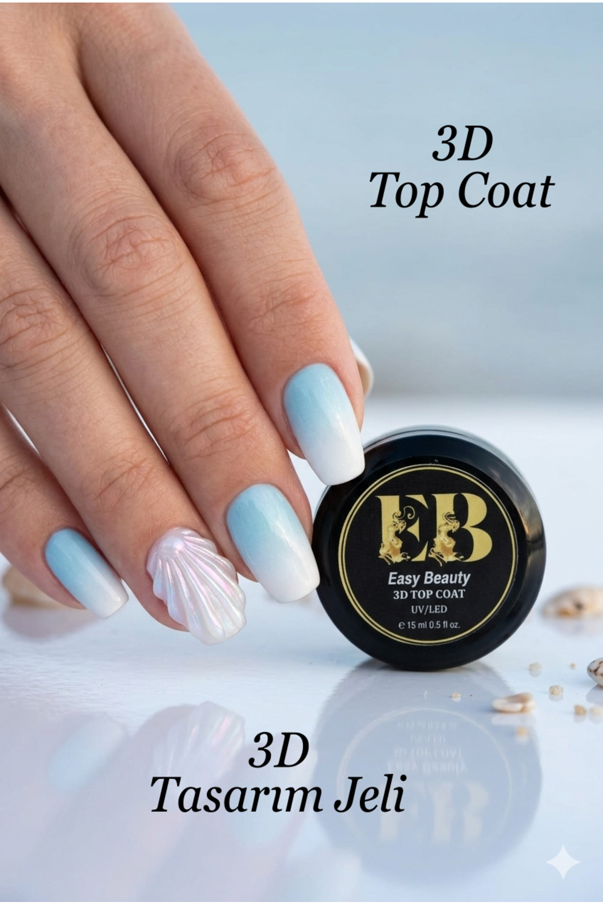 Easy Beauty 3D Top Coat | 15ml Kabartmalı Nail Art Protez Tırnak - Su Damlası, İnci ve Deniz Kabuğu Efekti