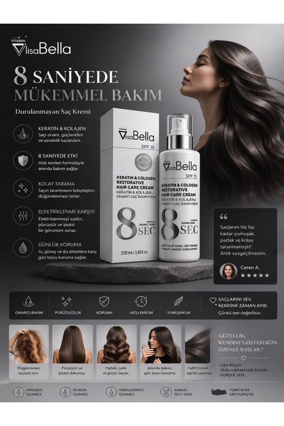 BY UTAH LİSA BELLA Keratin &colagen Durulanmayan Onarıcı Saç Bakım Kremi Restorative Haır Care Cream 250 ml
