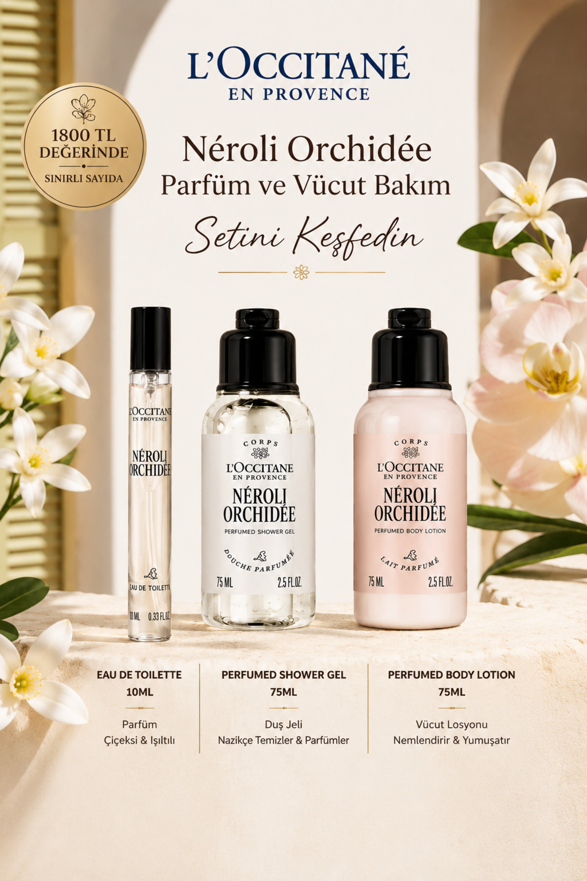L'Occitane Néroli Orchidée Parfüm ve Vücut Bakım Seti, 3'lü Set