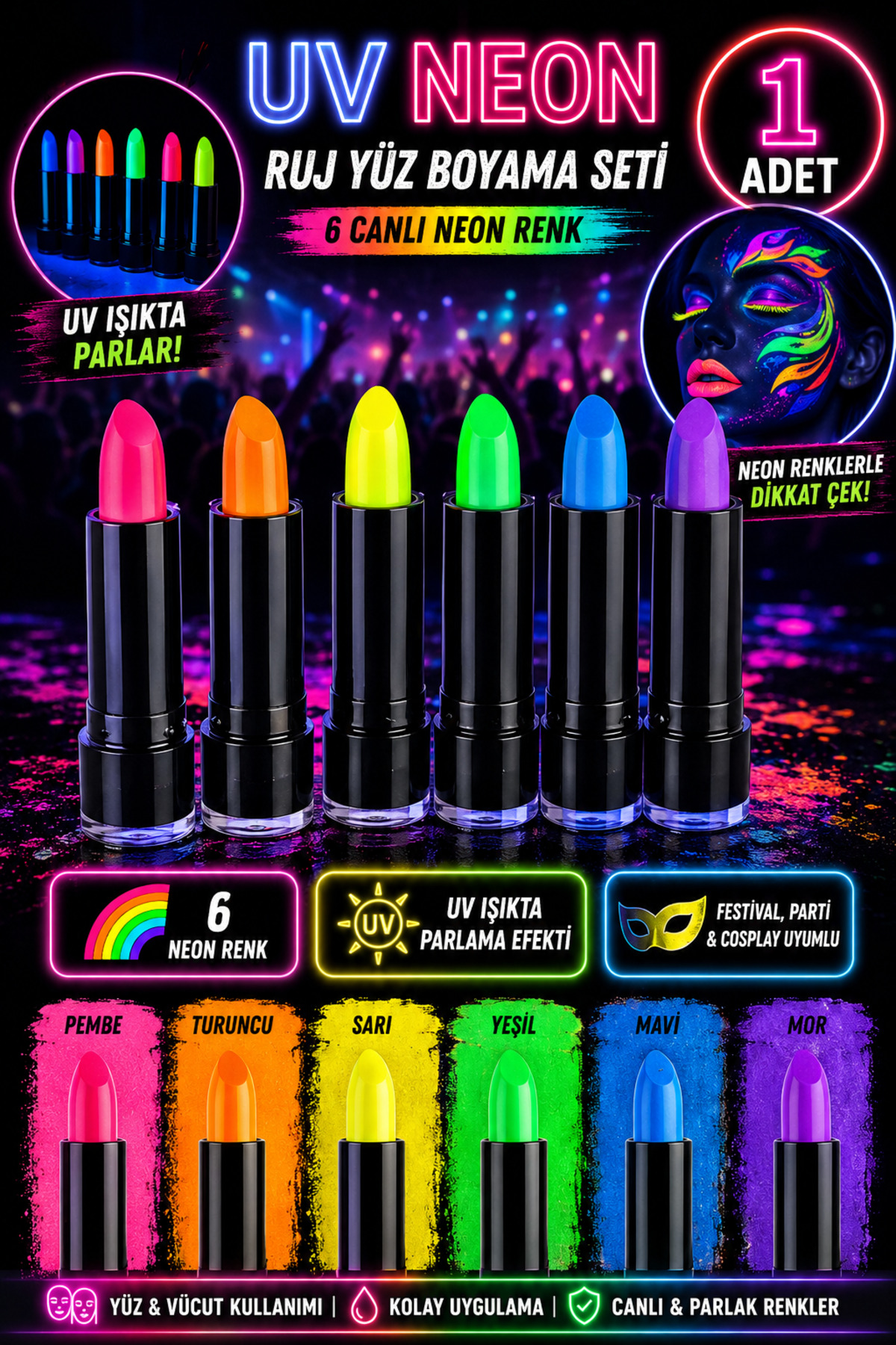 Tamsena Store UV Neon Ruj Yüz Boyama Seti 6 Renk Karanlıkta Parlayan Festival Parti Cosplay Makyaj Boyası