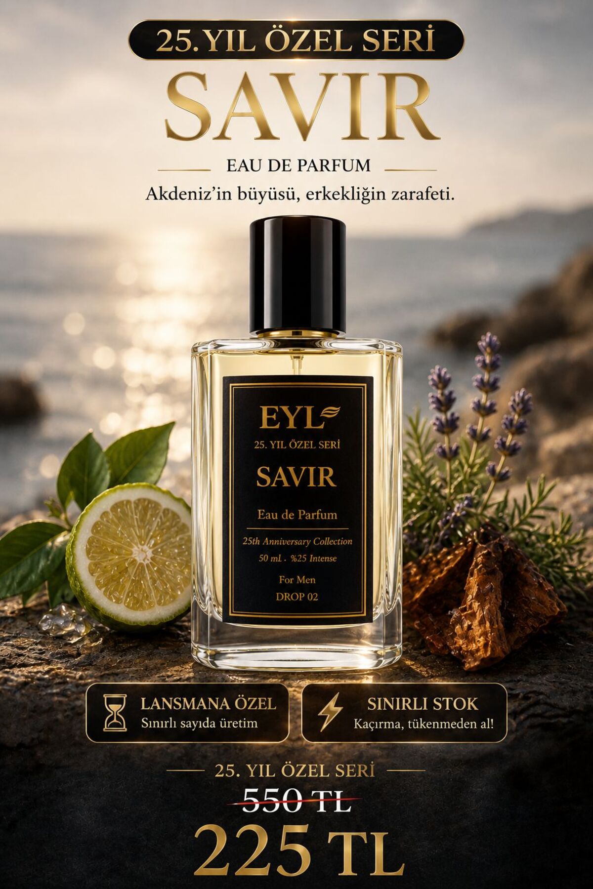 EYL COSMETIC SAVIR %25 Esans EDP 50 ml Erkek Parfüm Kalıcı Akdeniz Ferahlığı
