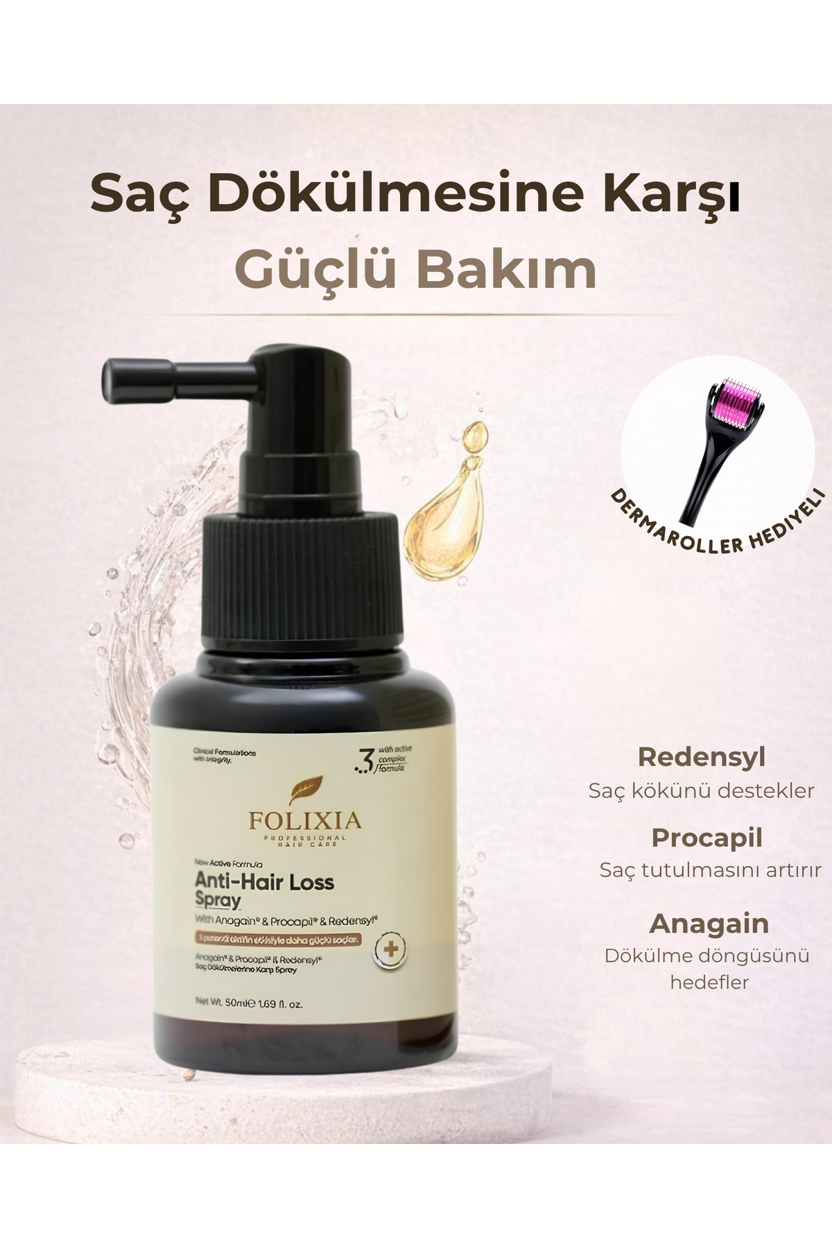 Folixia Saç Spreyi – Dökülmeye Karşı Yoğun Bakım (Redensyl + Procapil + Anagain)