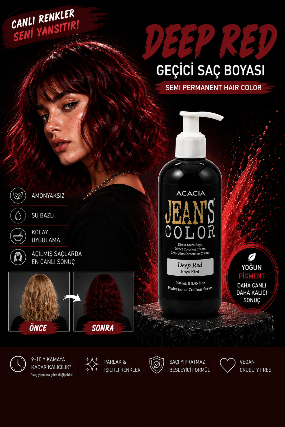 jeans color Amonyaksız Renkli Saç Boyası Koyu Kızıl 250ml. Kokusuz Su Bazlı Deep Red Hair Dye
