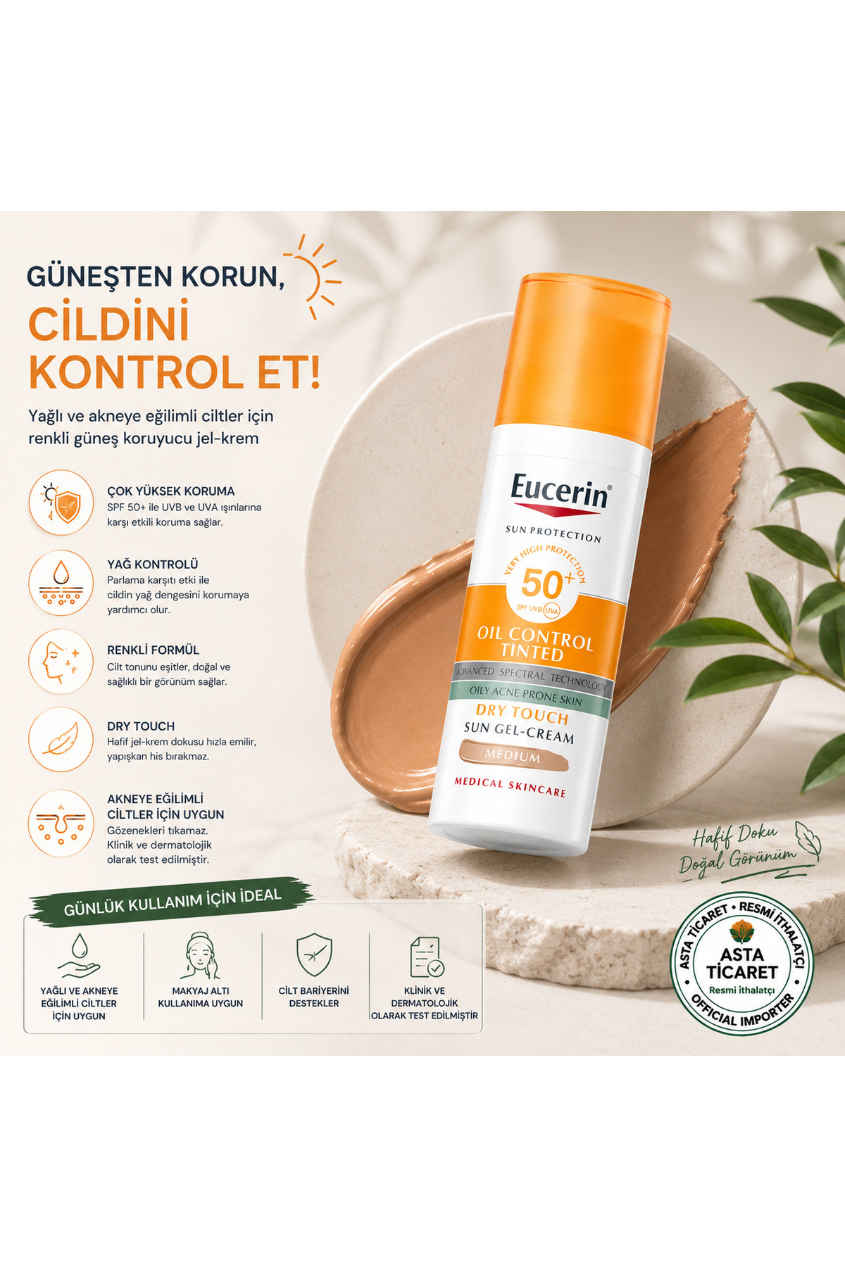 Eucerin Oil Control Güneş Koruyucu Renkli Yüz Kremi Yağlı Ciltler İçin SPF50+ Koyu Ton 50 ml