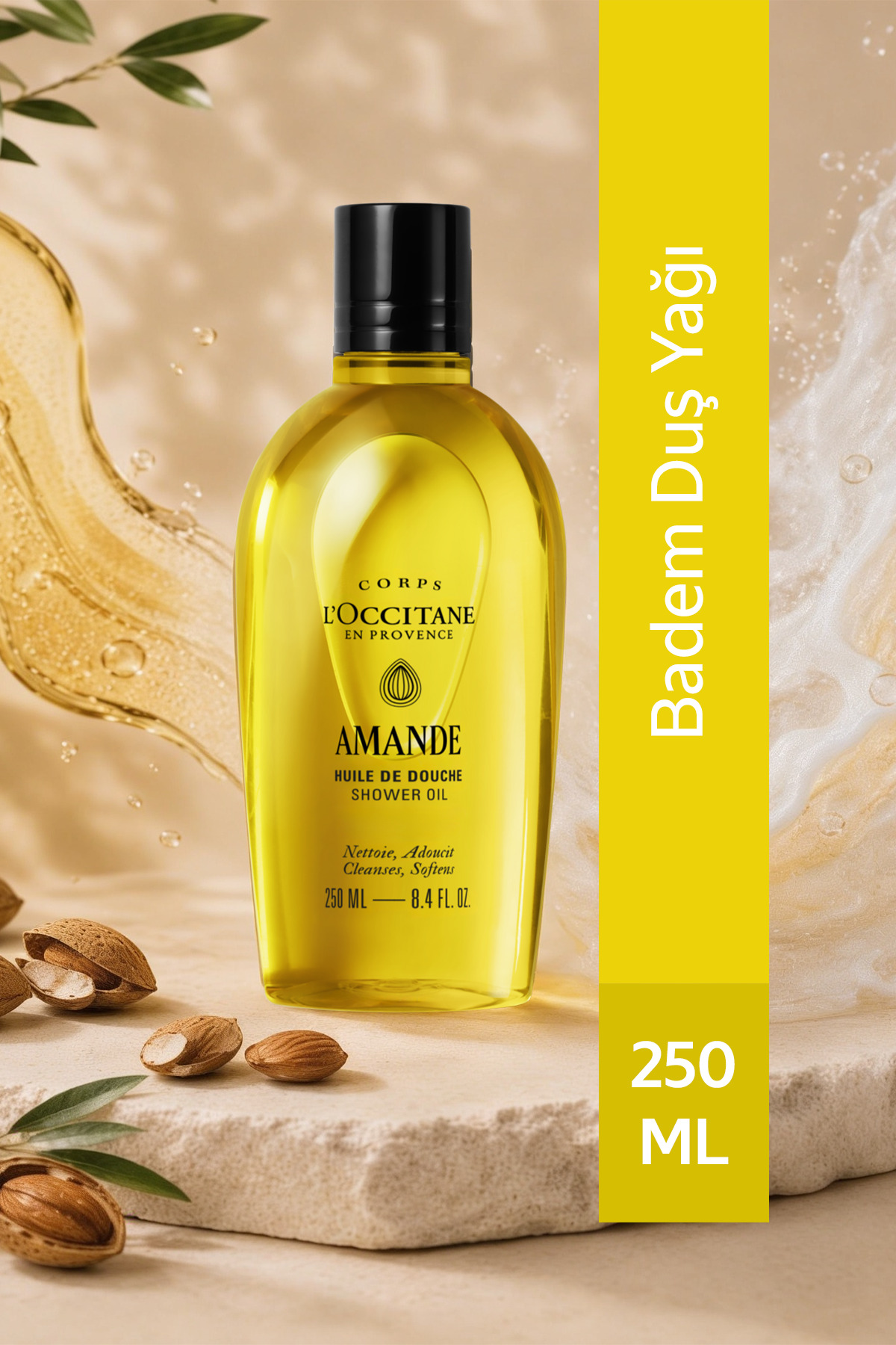 L'Occitane Badem Duş Yağı, Tatlı Badem ve Üzüm Çekirdeği Yağı İçeren Besleyici ve Nemlendirici, Omega 6 ve 9, 250 ml