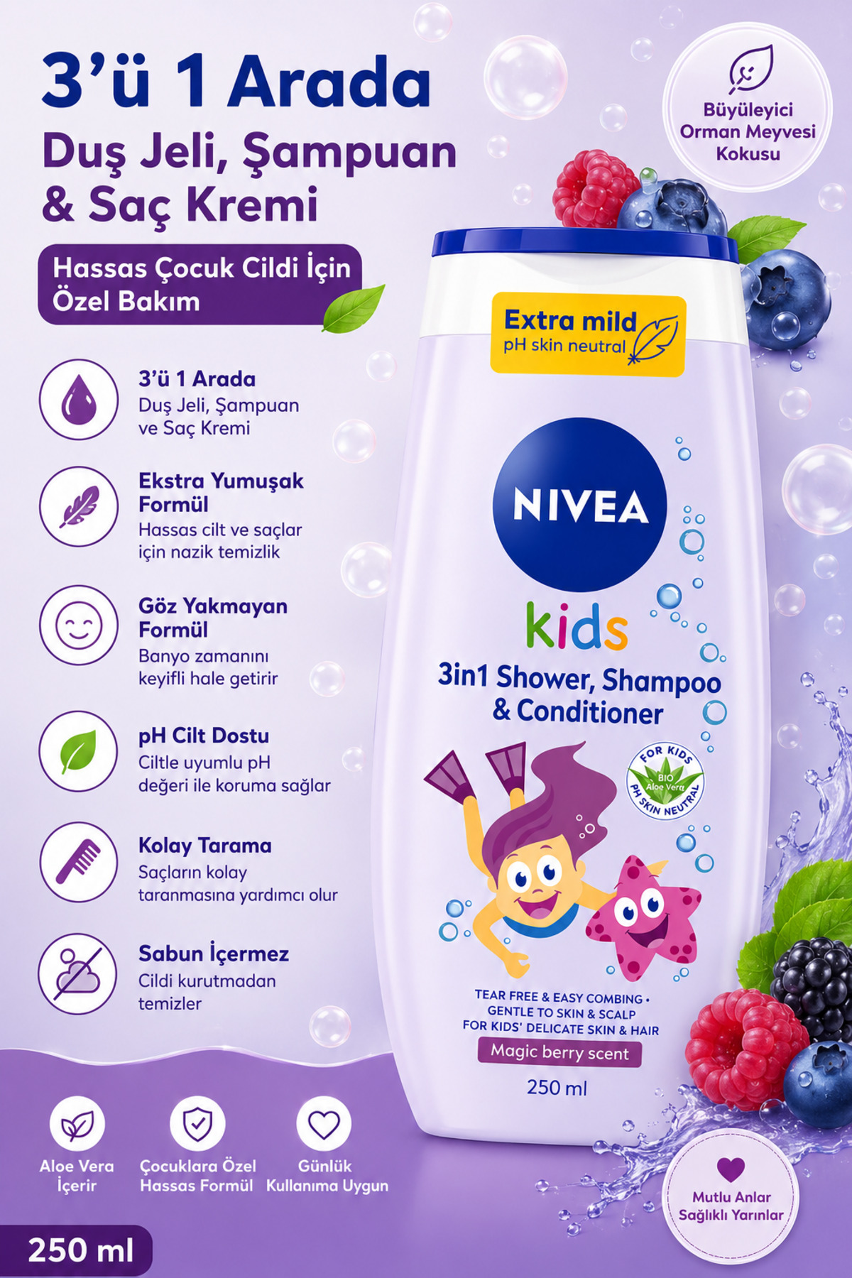 NIVEA Alman Kalitesi Çocuklar Için Göz Yakmayan Ekstra Yumuşatıcı Kremli Şampuan Ve Duş Jeli