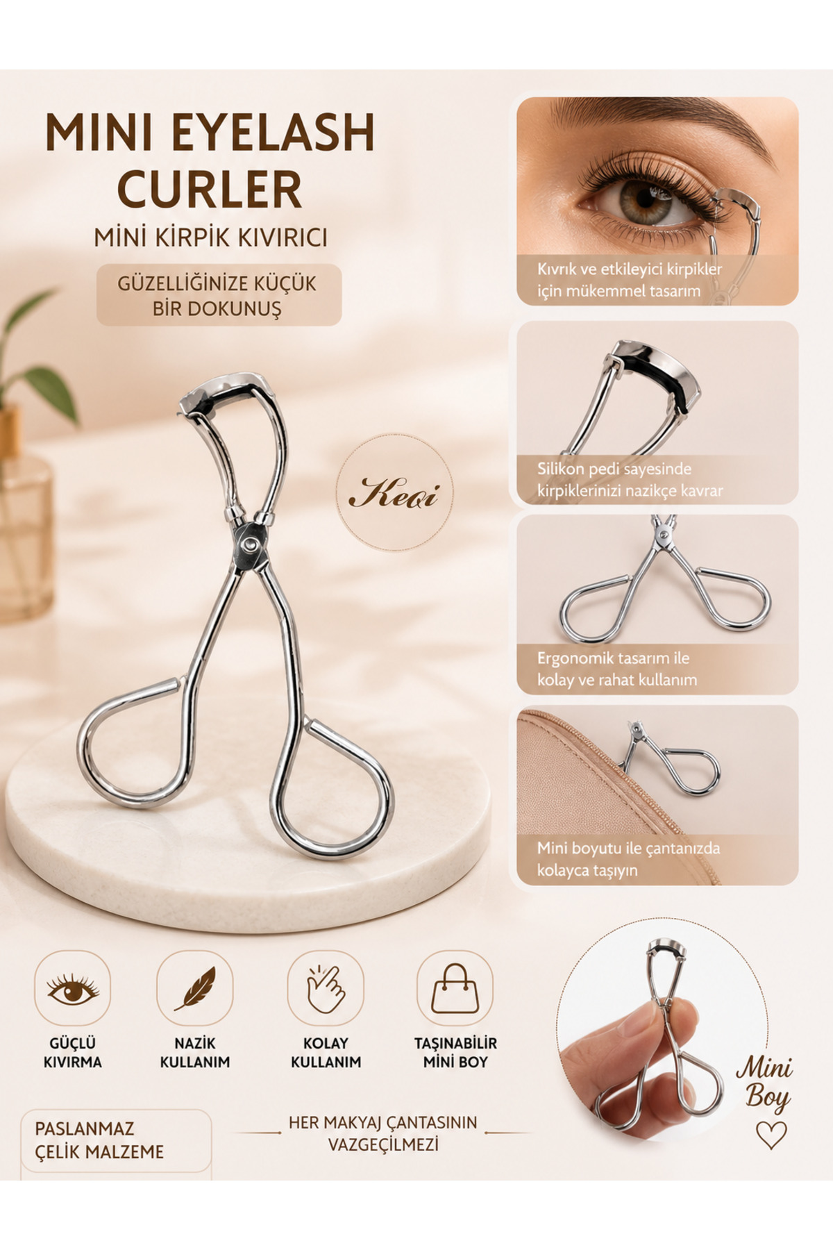 Keqin Mini Kirpik Kıvırıcı – Profesyonel Metal Eyelash Curler