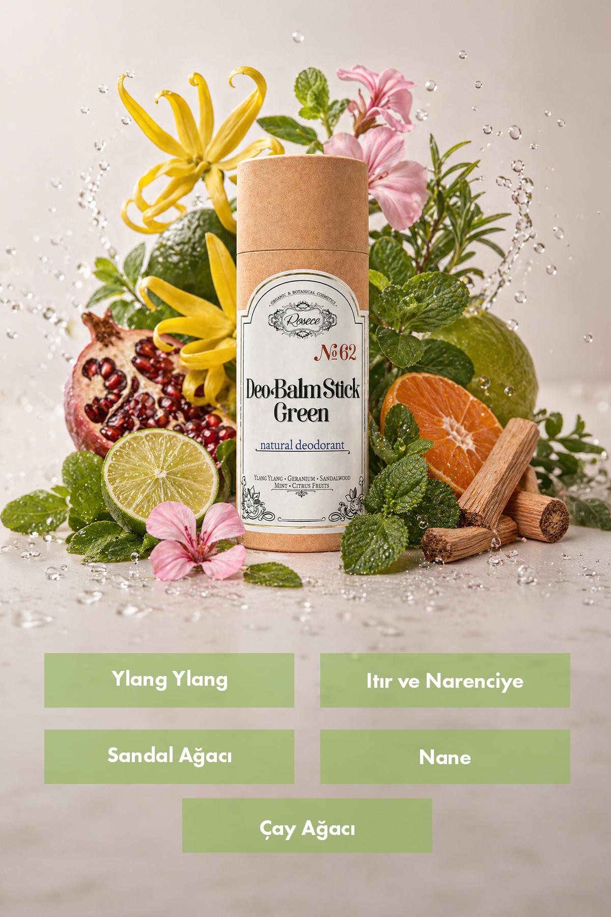 Rosece Deo Balm Stick Green | Doğal Koltuk Altı Deodorant Roll On Vegan | Unisex 60 ml