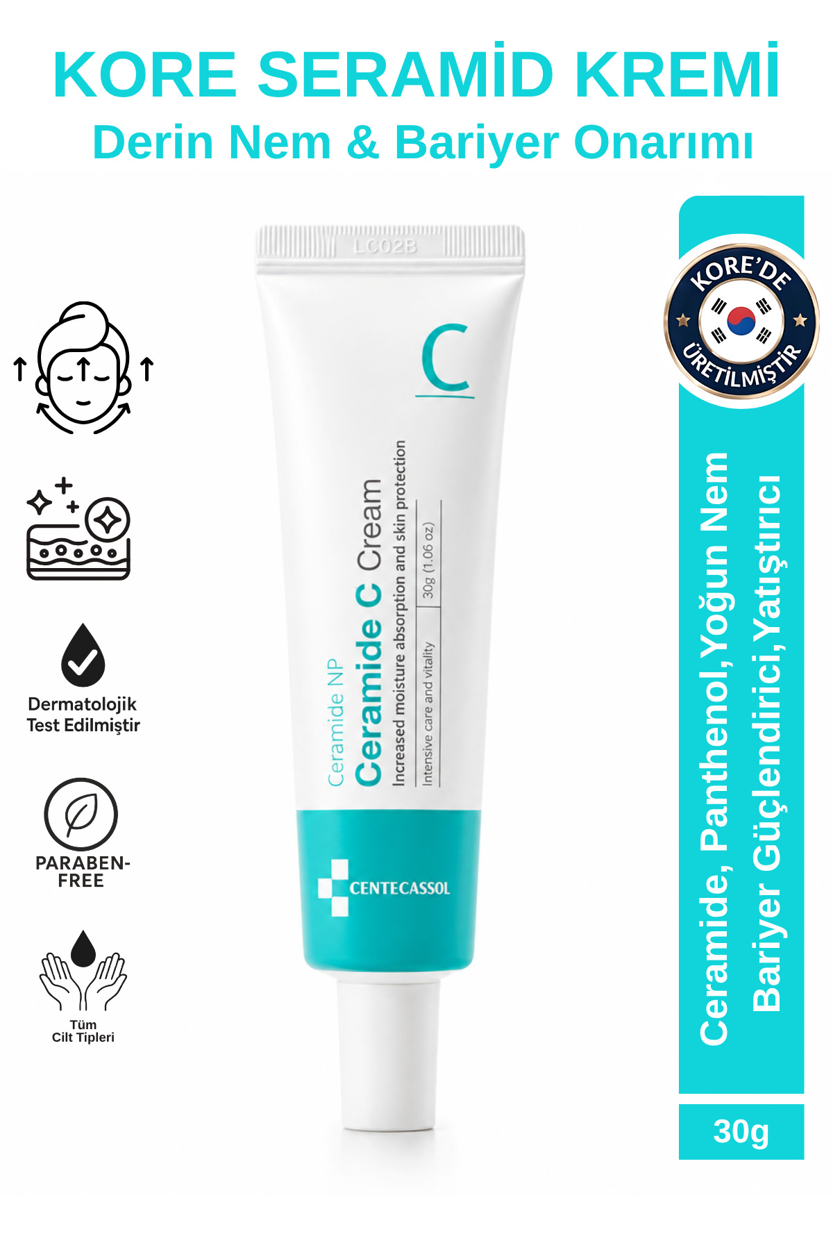 centecassol Kore Bariyer Onarıcı Yüz Kremi, Seramid ve Niacinamide İçeren Nemlendirici ve Elastikiyet Arttırıcı Krem