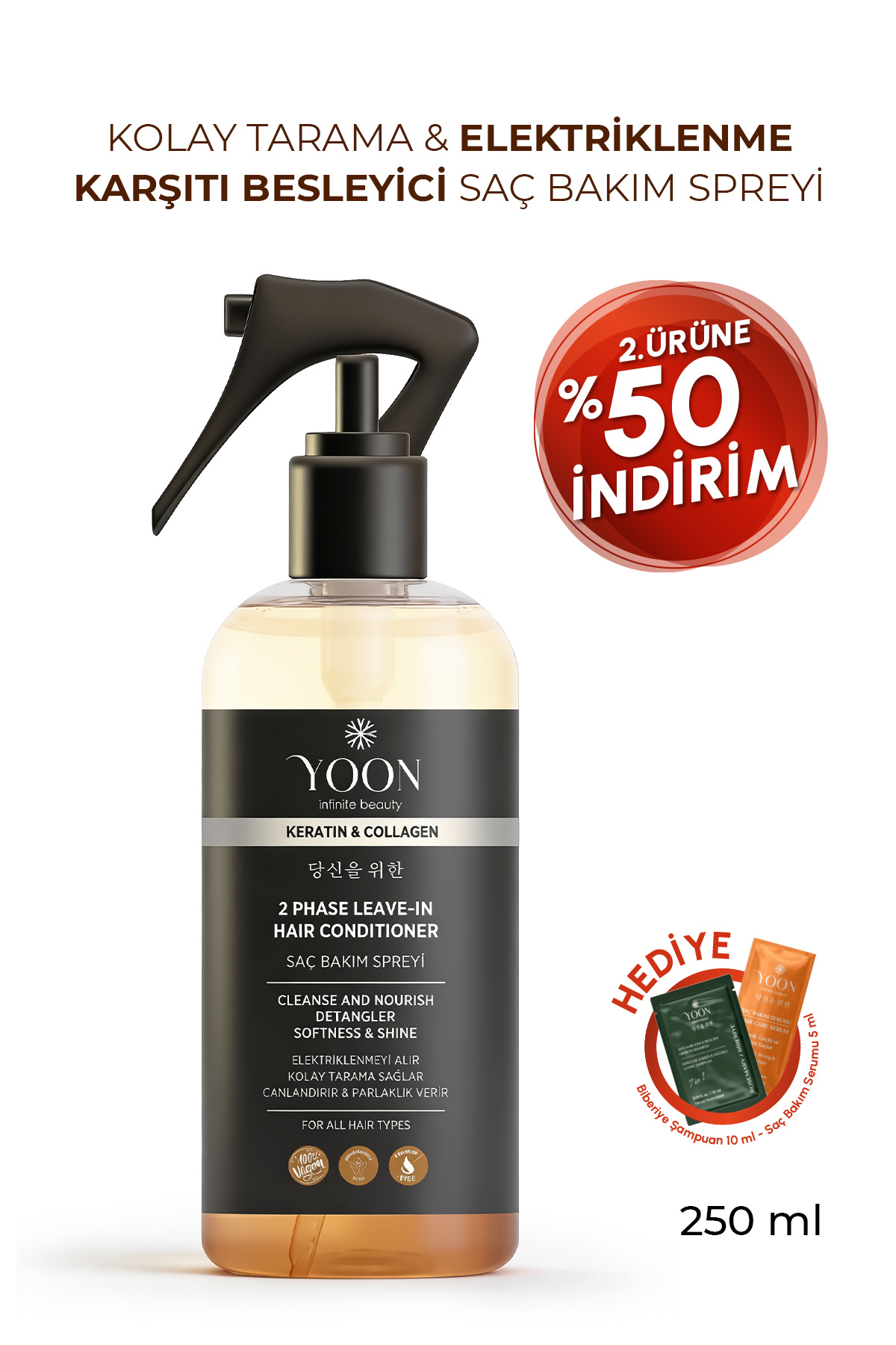 YOON Kolay Tarama & Elektriklenme Karşıtı Saç Bakım Spreyi, Isı Koruyucu Uniseks Vegan Saç Spreyi 250ml