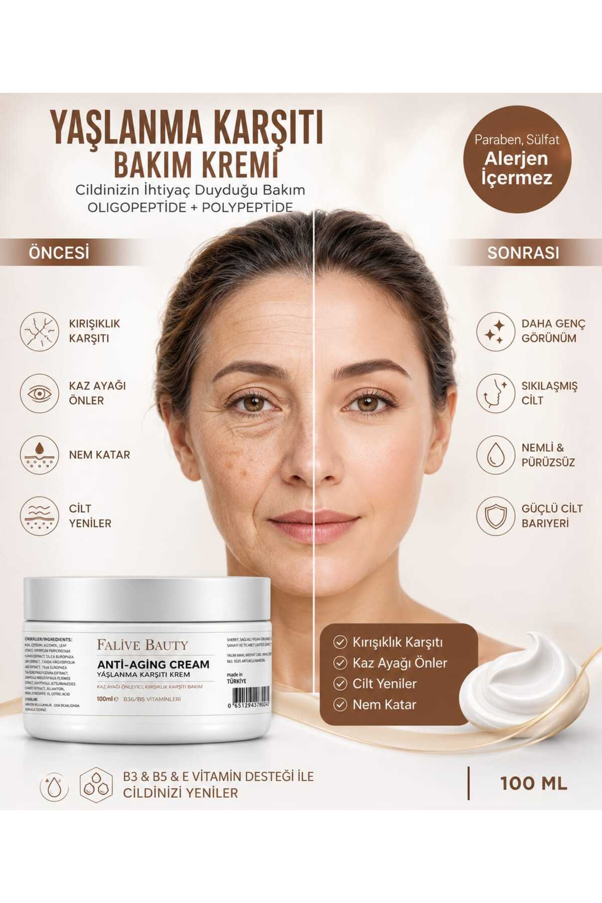 FALİVE BEAUTY Gençleştiren Botox Etkili Yaşlanma Karşıtı Ve Kırışıklık Karşıtı Leke,giderici Krem 100ml