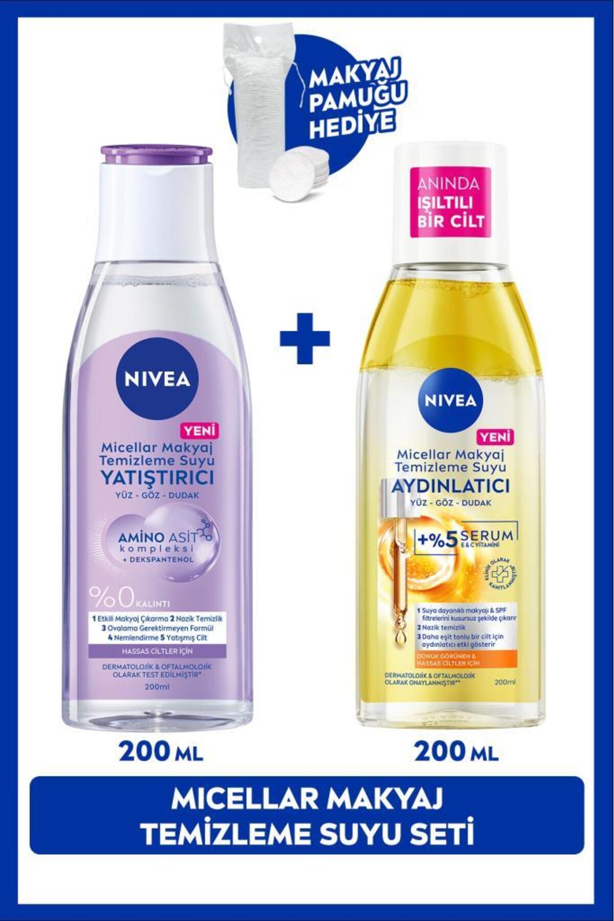 NIVEA Aydınlatıcı ve Yatıştırıcı Micellar Makyaj Temizleme Suyu Seti 200ml+200ml Pamuk Hediye, Hassas Cilt