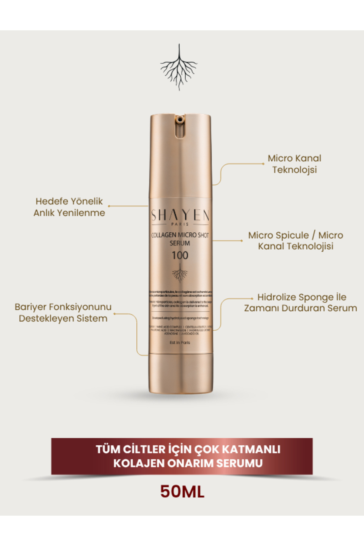 Shayen Paris Micro Kanal Teknolojisi™ Collagen Micro Shot Serum 100 - Spicule Teknolojisi Centella - Hydrolyzed Collagen Niacinamide Ceramide NP 50 ml