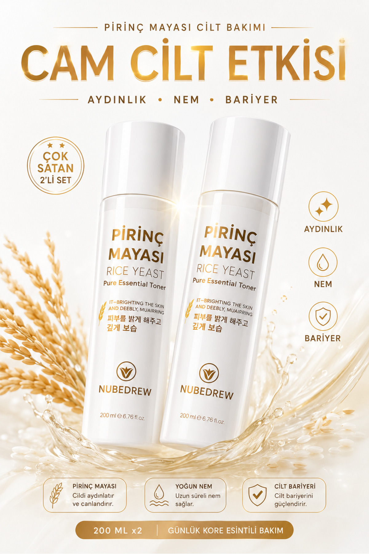 NUBEDREW 2 Adet Pirinç Mayası Tonik 200 ml Aydınlatıcı Beyazlatıcı Leke Karşıtı Nemlendirici Bakım Etkili