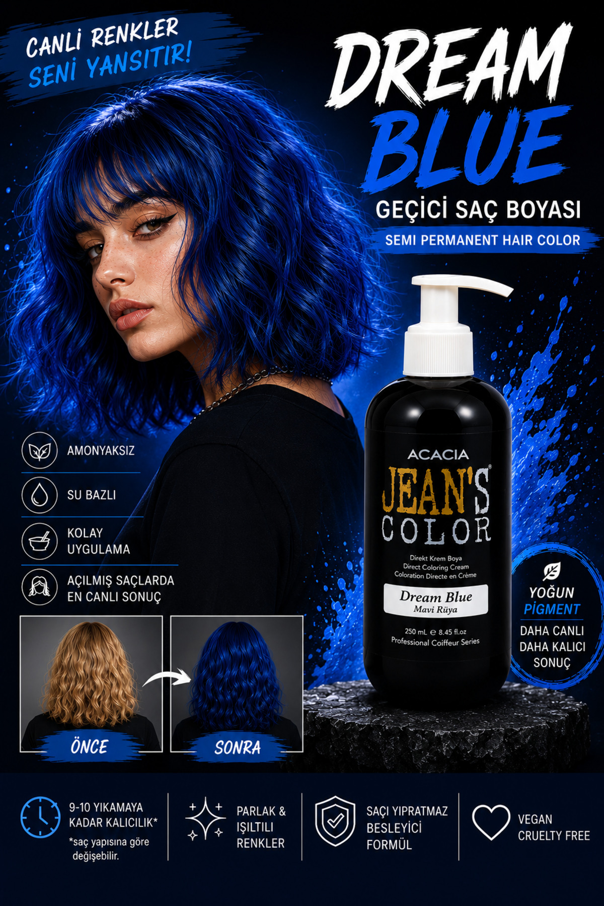 jeans color Amonyaksız Mavi Rüya Renkli Saç Boyası 250 ml Kokusuz Su Bazlı Dream Blue Hair Dye