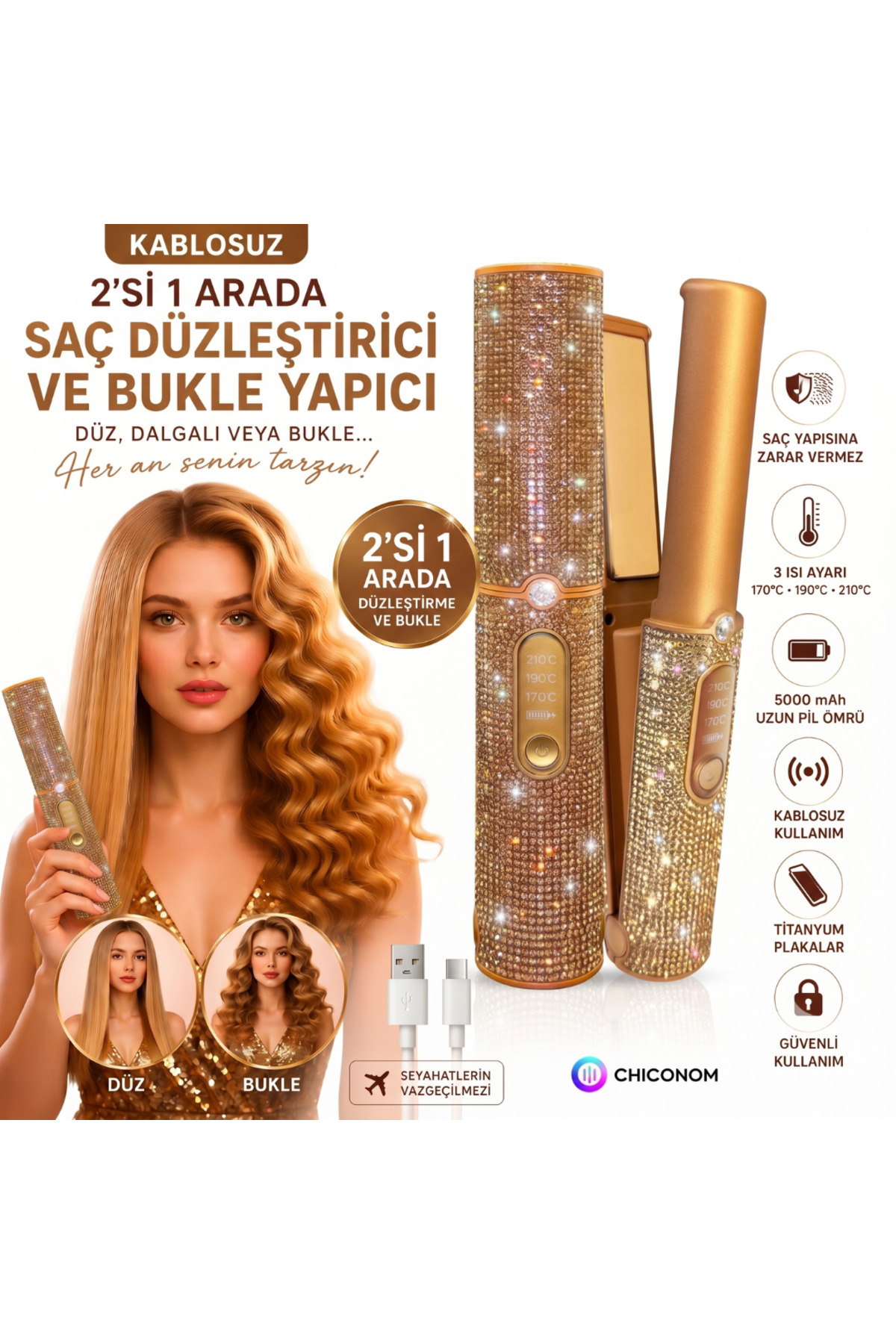 chiconom Kablosuz Saç Düzleştirici & Bukle Yapıcı, Titanyum Plaka, 3 Isı Ayarı, 5000 mAh
