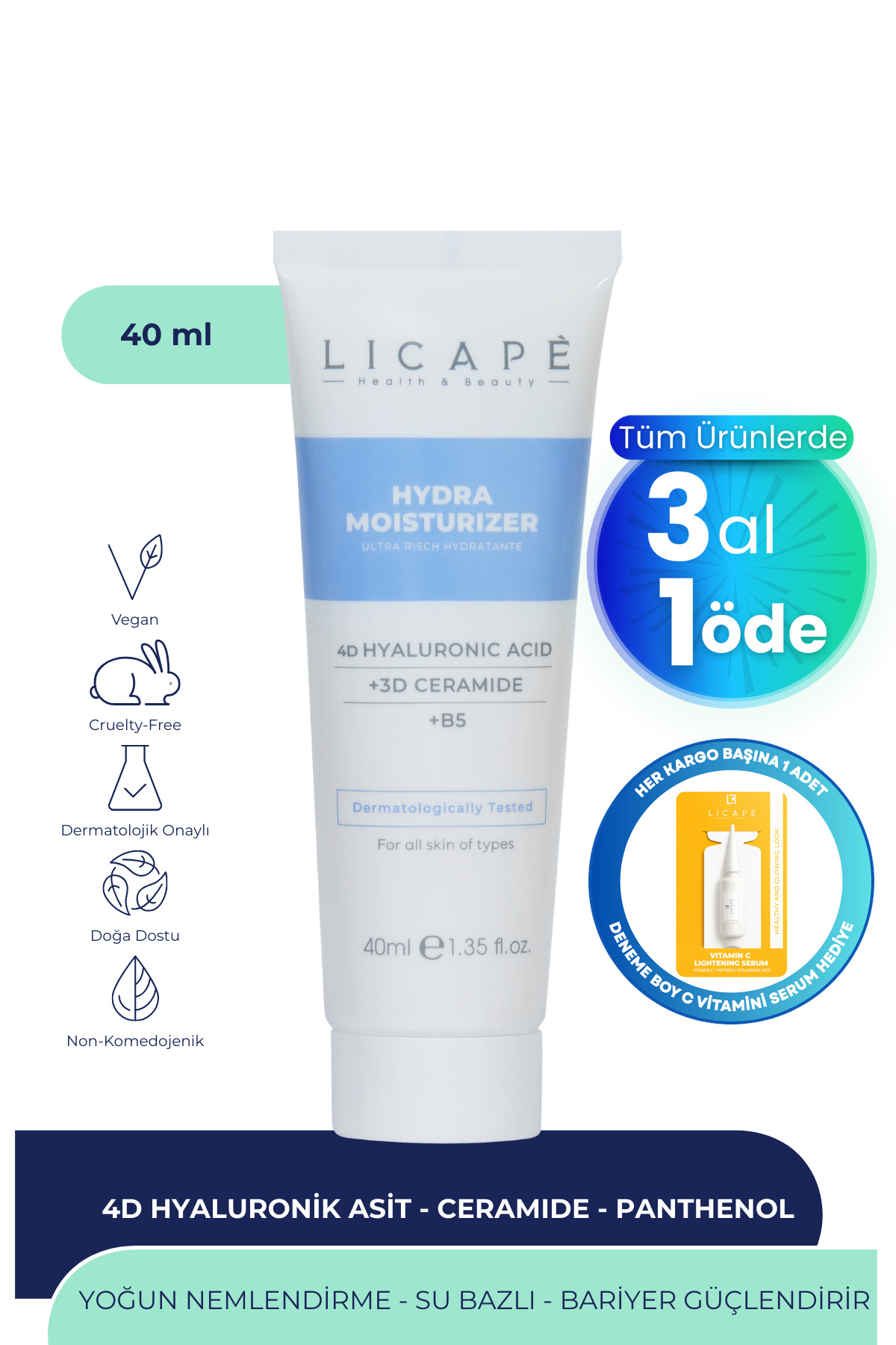 Licape Yoğun Nemlendirici Aydınlatıcı 4D Hyaluronik Asit Su Bazlı Moisturizer Krem 40ml