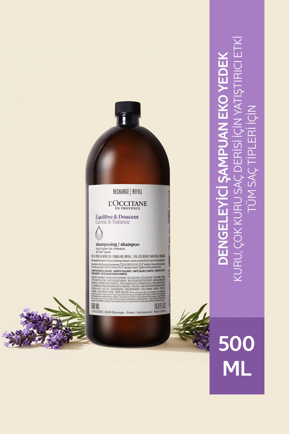 L'Occitane Dengeleyici Şampuan, Eko Yedek (Refill), Tüm Saç Tipleri için, Prebiyotik, 500 ml