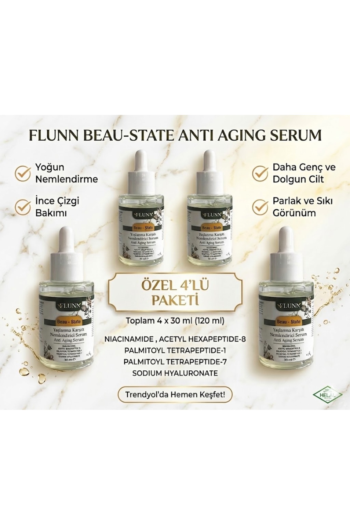 Flunn Kozmetik Anti Aging Serum 30 ml | Yaşlanma Karşıtı Nemlendirici Serum | Niacinamide & Peptide İçerikli Cilt Bakım Serumu 4'lü set 4x30 ML