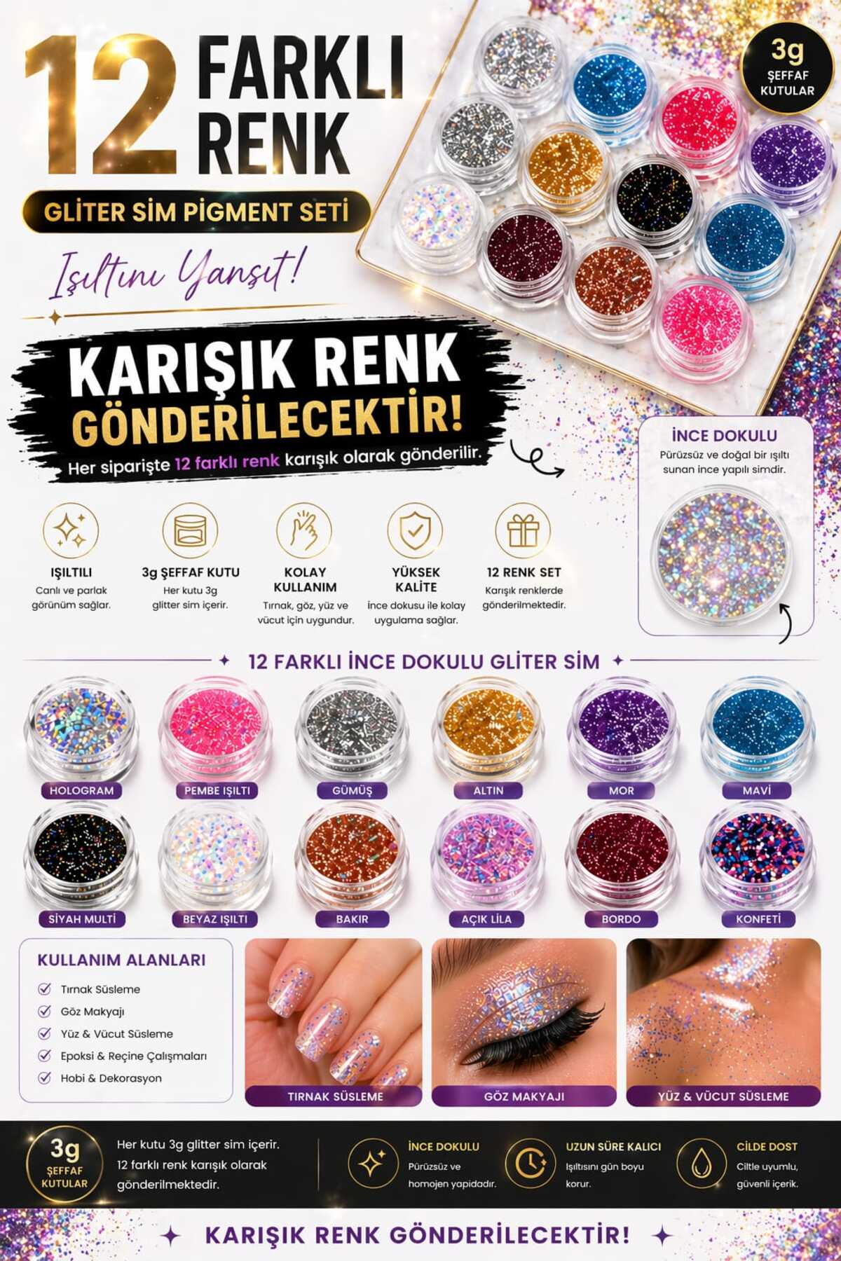 eyelash 12 li Glitter Sim Göz Farı Yüz ve Vücut Parıltısı Glitter Sim Far 12 li (KARIŞIK RENK)