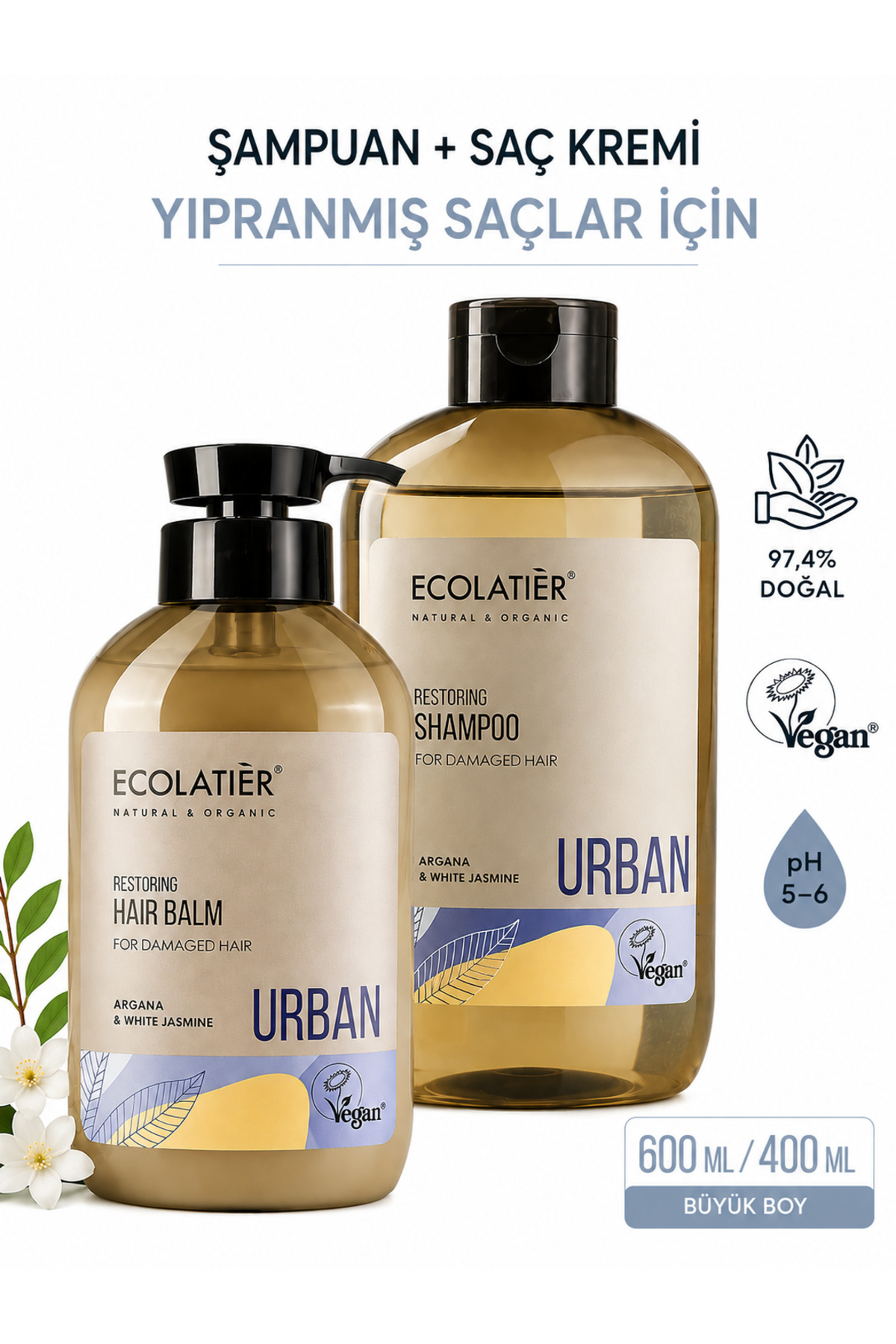 ECOLATIER Saç Bakım Seti Yıpranmış Saçlar İçin %97,4 Doğal Şampuan ve Saç Kremi Argan Yağı ve Yasemin Özü
