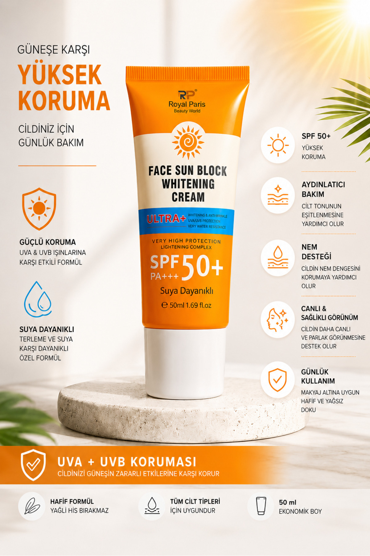 Vi Caro SPF 50+ Yüz Güneş Kremi Suya Dayanıklı Whitening Face Sun Block Cream 50 ml