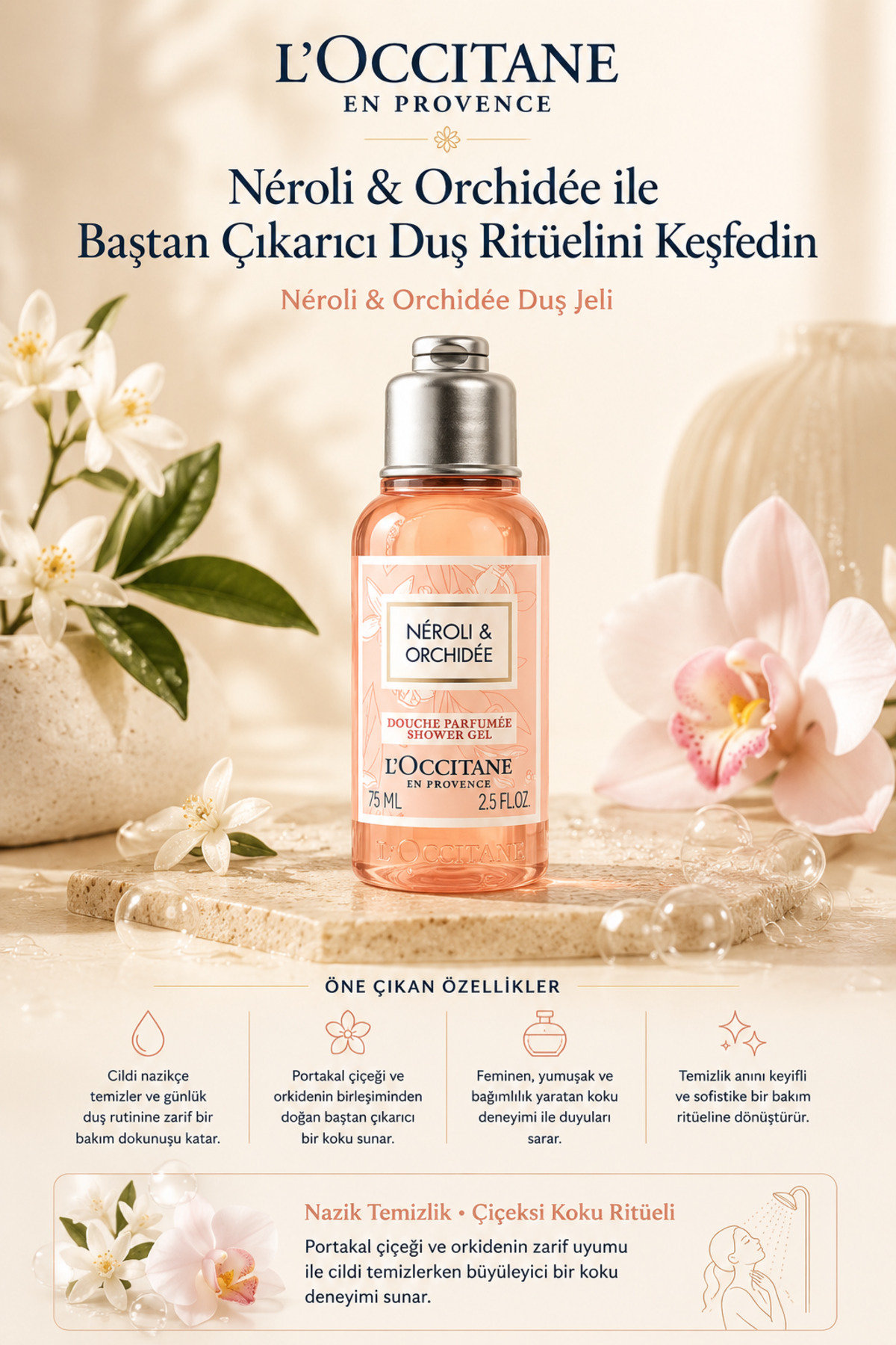 L'Occitane Néroli Orchidée Duş Jeli, Vanilya ve Portakal Çiçeği Özlü, Seyahat Boy, 75 ml