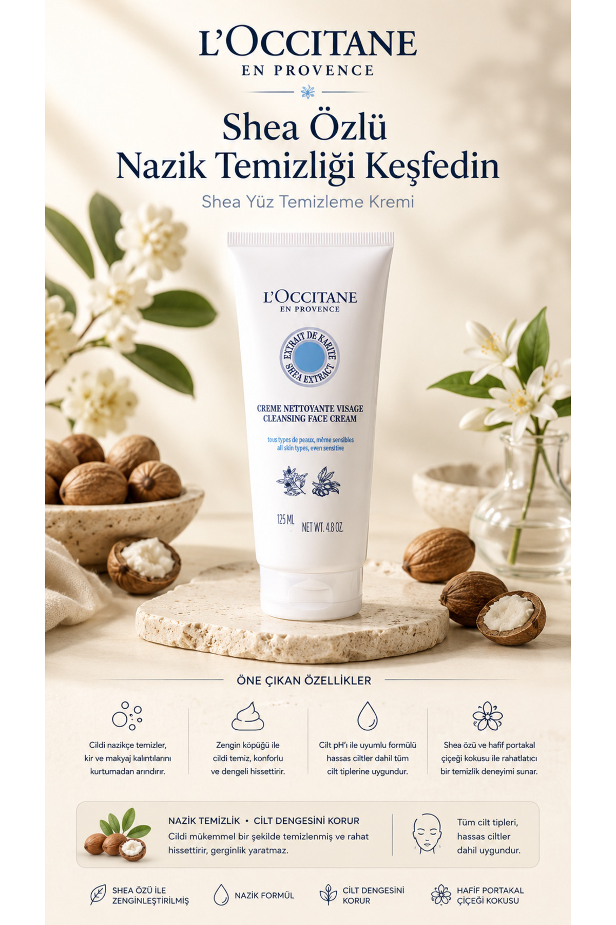 L'Occitane Shea Yüz Temizleme Kremi, Tüm Cilt Tipleri için, Shea ve Tatlı Portakal Yağı İçeren, 125 ml