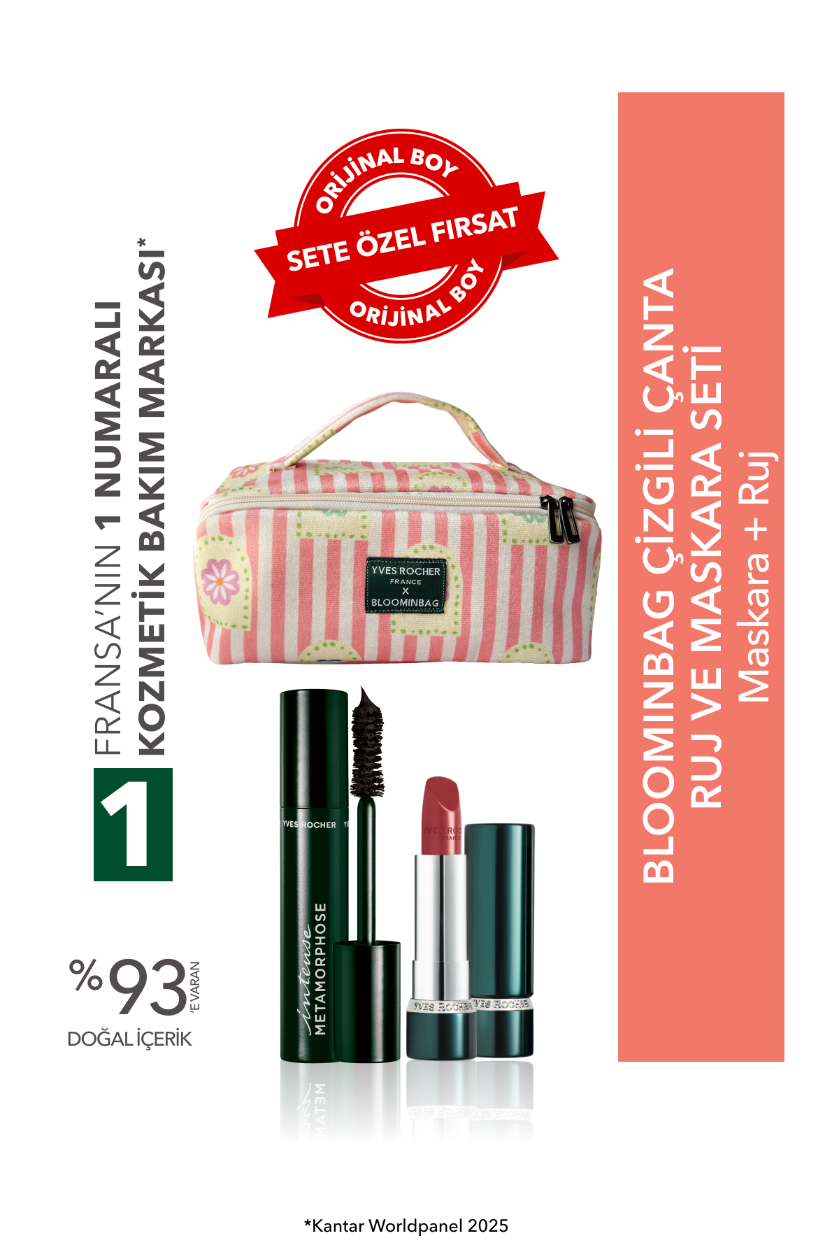 Yves Rocher BloominBag Çizgili Çanta Ruj ve Maskara Seti- Ruj- Nude Kiraz Çiçeği 3.5 gr & Maskara 7.8ml